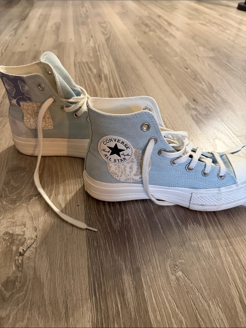 Converse Women’s Light Blue and White High Top Sneakers Patch Work Size 7